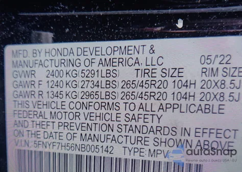 2022 Honda Passport 2Wd Ex-L z USA, uszkodzony, nr VIN 5FNYF7H56NB005142